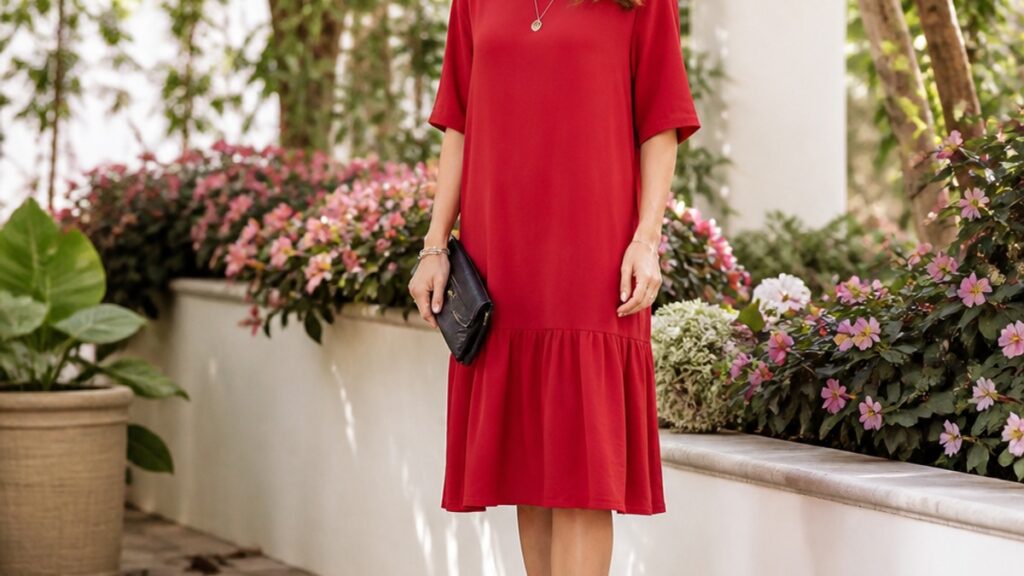 Mulher elegante em vestido curto vermelho e sandália preta, posando em um jardim florido.