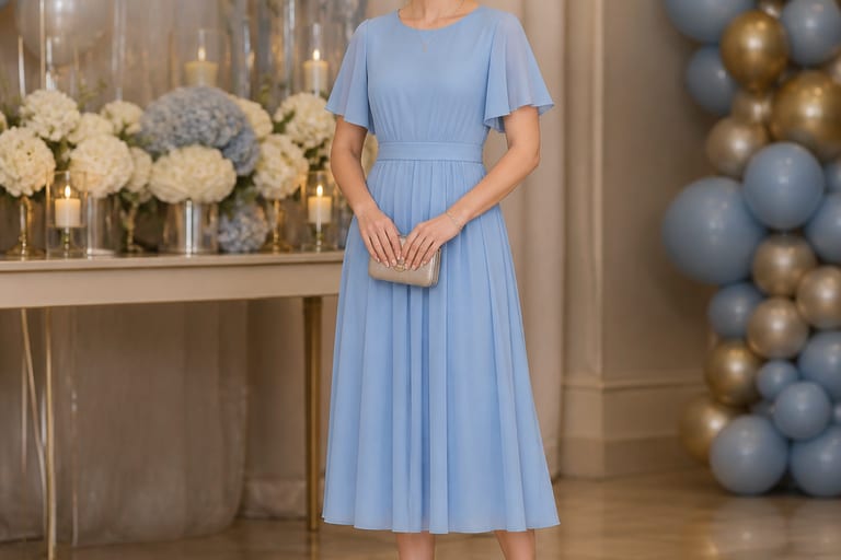 Mulher em vestido azul claro com sandálias de tiras e acessórios delicados, em ambiente festivo e decorado.