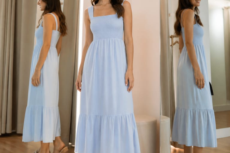 Uma mulher em um provador, usando um vestido azul claro e sandálias confortáveis, com espelhos e boa iluminação ao fundo.