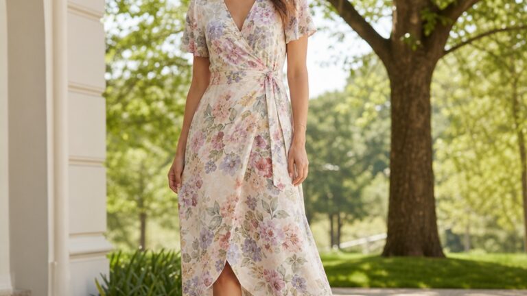 Uma mulher elegante usa um vestido midi floral em tons pastel e sapatenis brancos, sorrindo em um ambiente externo iluminado por luz natural.
