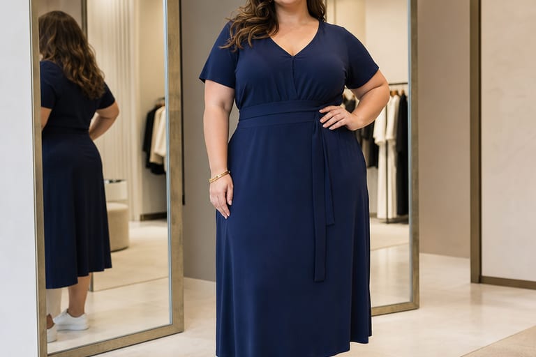Mulher plus size em vestido midi azul marinho e sapatenis brancos, em loja iluminada com espelhos ao fundo.