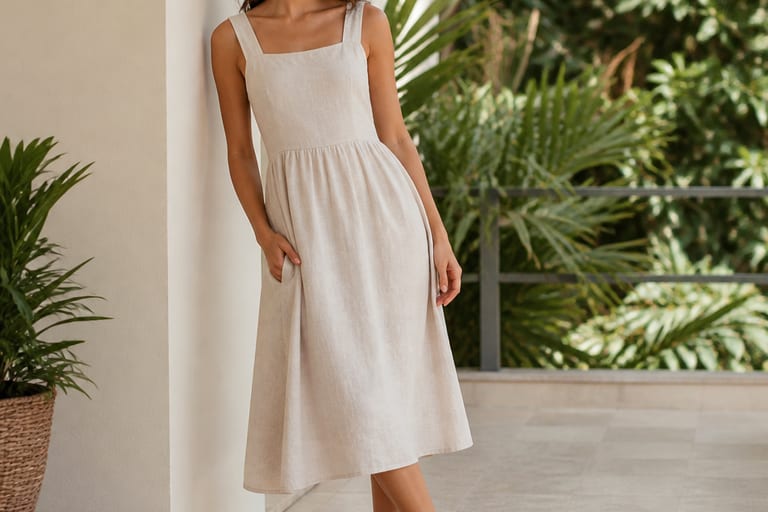 Uma mulher usa um vestido midi de linho claro com sapatenis brancos em uma varanda iluminada, cercada por plantas.