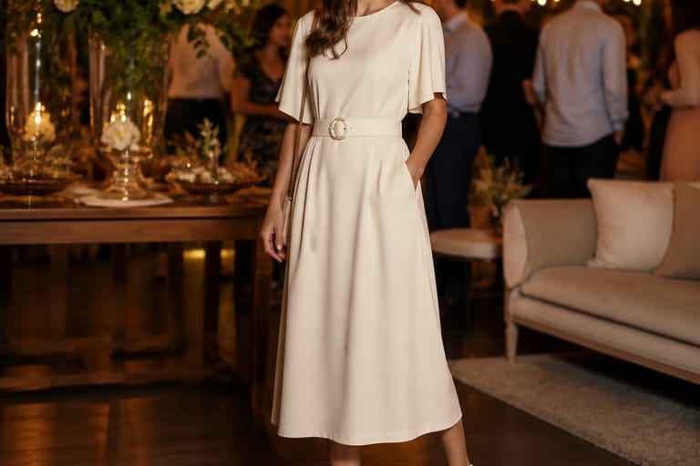 Uma mulher em um vestido midi liso com cinto e sapatenis, posando com confiança em um ambiente festivo iluminado por luzes suaves.