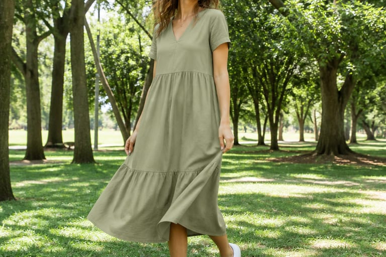 Mulher usando vestido midi de algodão leve e sapatenis brancos em um parque com árvores e grama verde.