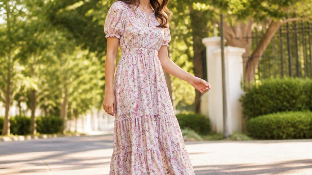 Uma mulher elegante usa vestido midi floral em tons pastel e sapatilhas brancas, sorrindo em um ambiente externo iluminado por luz suave do sol.