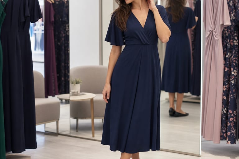 Mulher experimentando vestidos midi em boutique iluminada, com espelhos ao fundo.