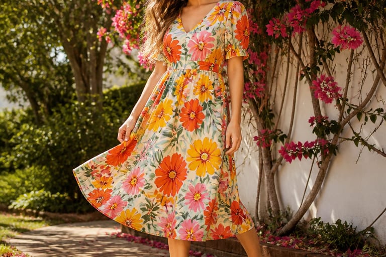 Mulher em vestido midi estampado com flores e sapatilhas amarelas em um jardim florido.