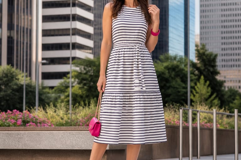 Mulher em vestido midi listrado e sapatilhas brancas, em ambiente urbano.