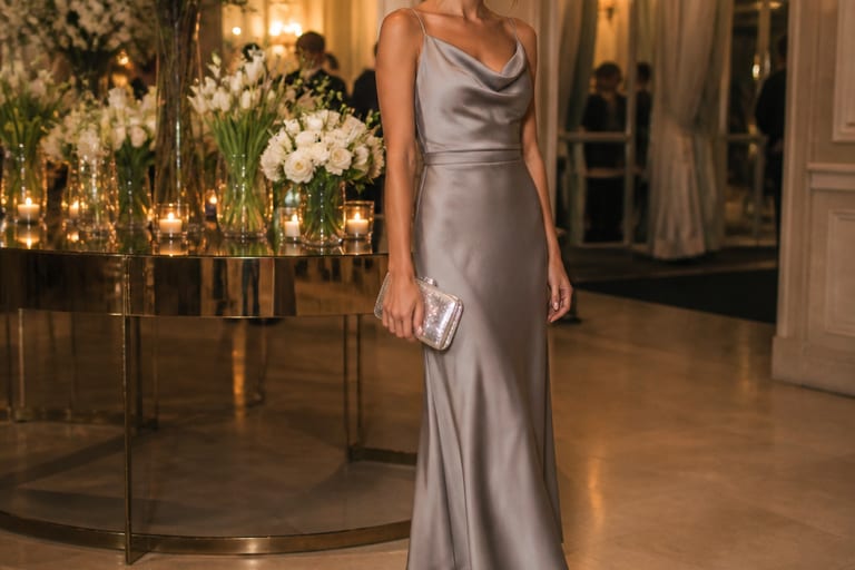 Mulher em vestido midi de seda e sapatilhas prateadas em ambiente de festa elegante.