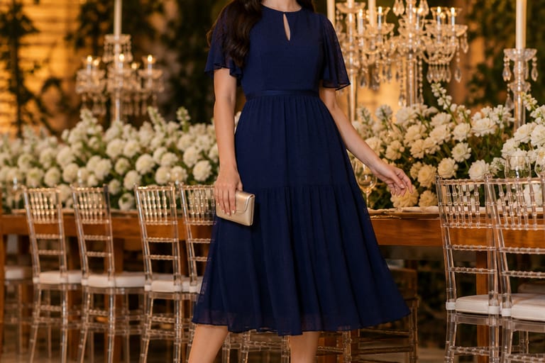Mulher com vestido curto de festa em ambiente de casamento, decorado elegantemente, sorrindo e posando confiante.