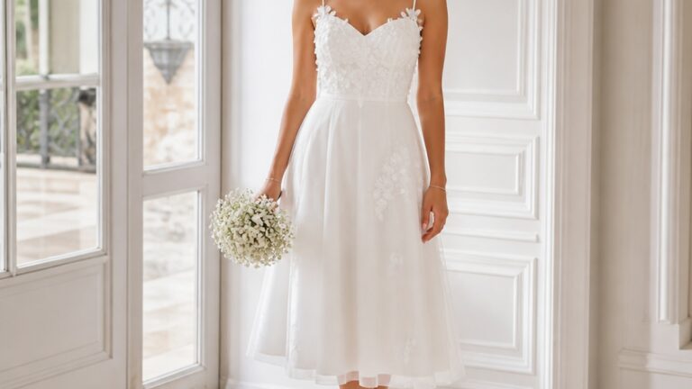 Mulher vestindo um vestido de casamento civil branco, com detalhes florais, sapato de salto alto e acessórios delicados, em um ambiente iluminado.