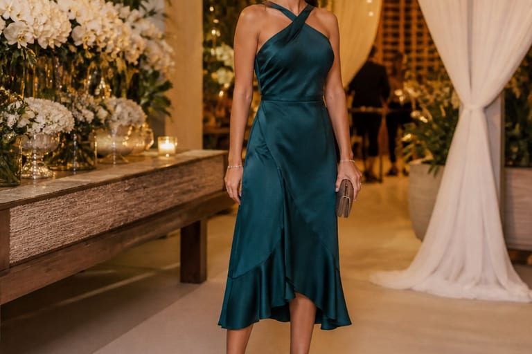 Uma mulher elegante usa um vestido midi de festa e sapatos de salto alto em um ambiente de casamento bem iluminado.