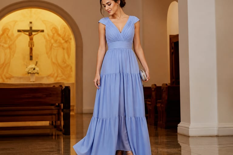 Uma mulher em um vestido longo azul serenity, em um ambiente de igreja com luz suave, usando sapatos de salto alto.