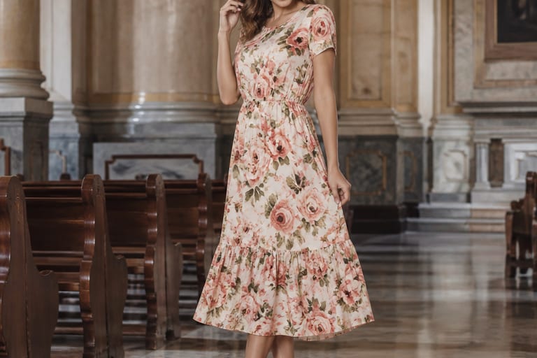 Mulher em vestido floral em ambiente de igreja, com luz natural.