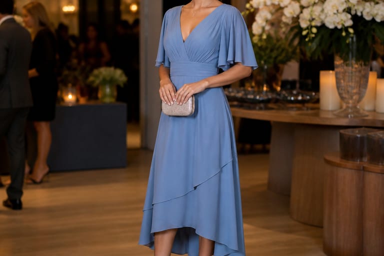 Uma mulher elegante em um vestido midi azul serenity, em um ambiente de festa com luz suave, usando acessórios delicados.