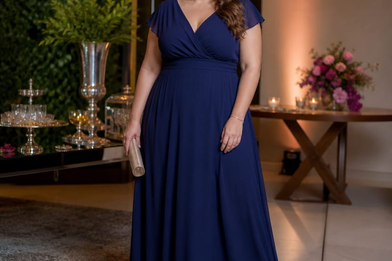 Mulher plus size usando vestido longo em A e scarpin elegante em ambiente de festa bem iluminado.