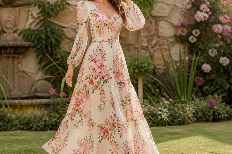 Mulher em vestido longo floral e scarpin nude em um jardim.