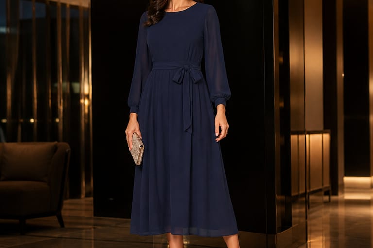 Vestido longo de festa em ambiente noturno, com luzes suaves e decoração elegante. O scarpin metalizado complementa o look.