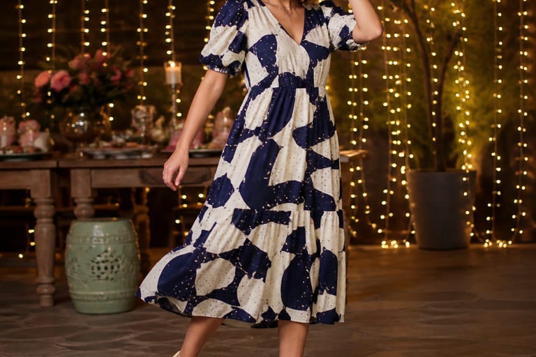 Uma mulher usa um vestido midi estampado com tênis coloridos em um ambiente festivo, iluminado por luzes decorativas.