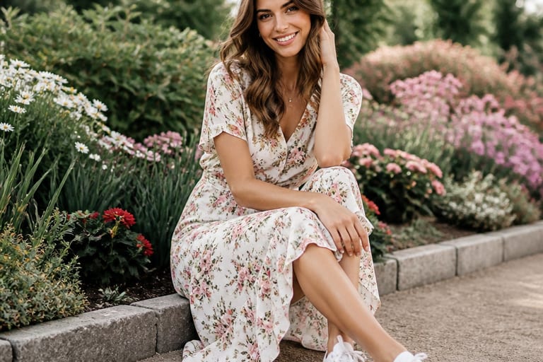 Uma mulher usa um vestido floral leve e tênis brancos em um jardim florido.