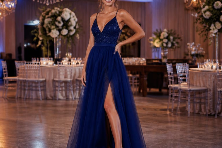 Uma pessoa usa um vestido de festa azul com tênis de couro em um salão de festas bem iluminado.