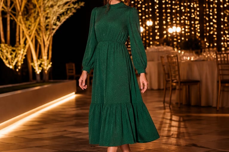 Mulher em vestido longo de festa com tênis, em evento noturno, com luzes ao fundo.