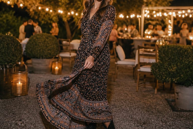 Mulher em vestido longo estampado e bota western preta em festa ao ar livre, com luzes decorativas ao fundo.