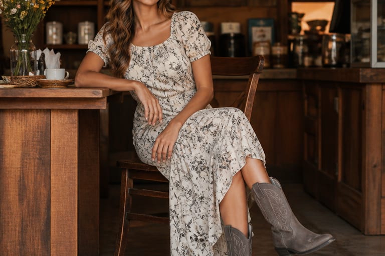 Mulher sorrindo em café aconchegante, usando vestido de algodão e bota western cinza.