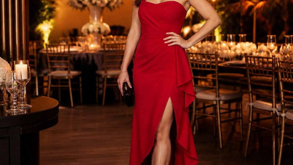 Mulher elegante em vestido de festa vermelho e scarpin preto, sorrindo em ambiente festivo com decoração sofisticada.