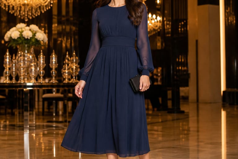 Mulher em vestido longo de festa e scarpin preto em ambiente de gala.
