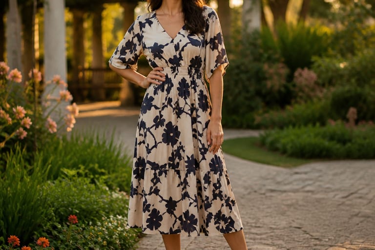 Mulher usando vestido midi estampado com tênis em um jardim durante o entardecer.