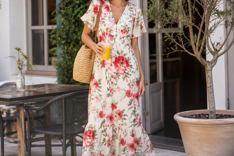 Mulher em café ao ar livre, usando vestido midi floral e tênis coloridos.