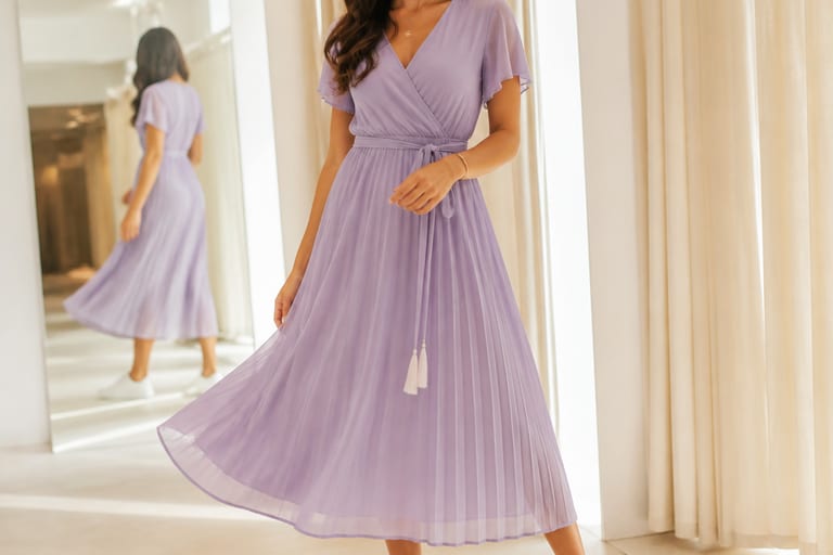 Mulher usando vestido midi de chiffon com tênis em um provador iluminado.