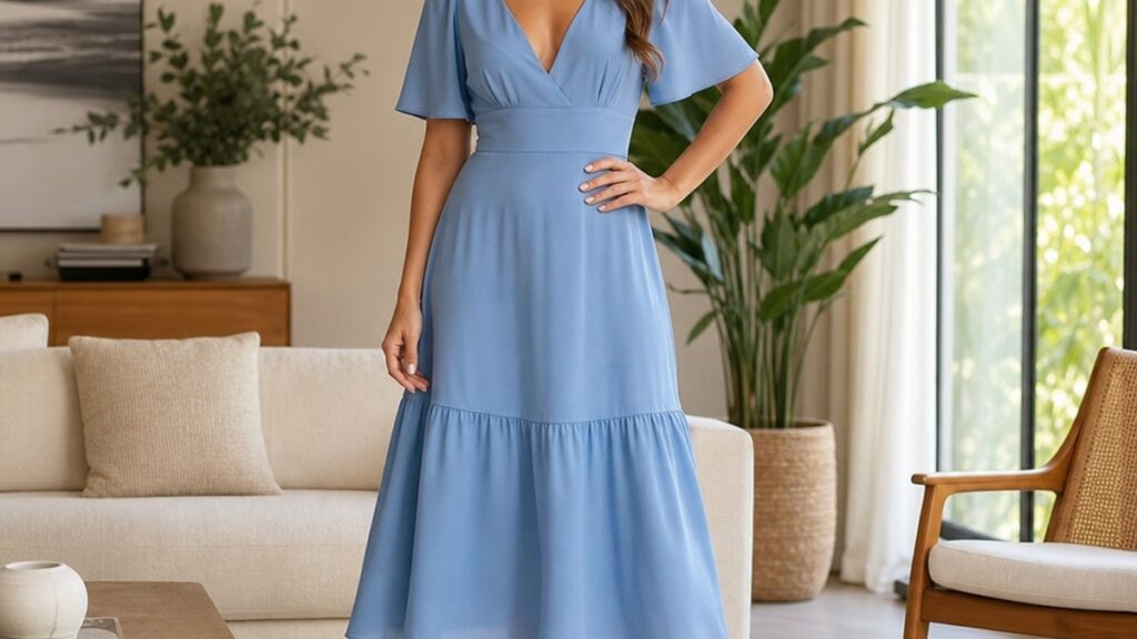 Uma mulher elegante usa um vestido midi azul serenity com decote em V e cintura marcada, em uma sala de estar moderna iluminada por luz natural. Ela está sorrindo e usando sandálias de salto alto e brincos delicados.