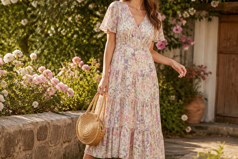 Mulher em vestido midi floral em um jardim, usando sandálias rasteiras e chapéu de palha, segurando uma bolsa de palha.