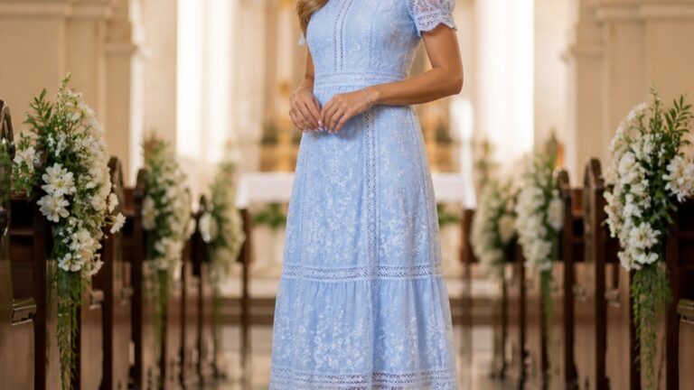 Uma mulher elegante usa um vestido midi azul claro, com detalhes em renda, em um ambiente de igreja bem iluminado.