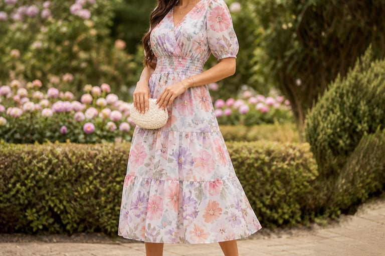 Mulher em vestido floral pastel em jardim, usando sandálias brancas.