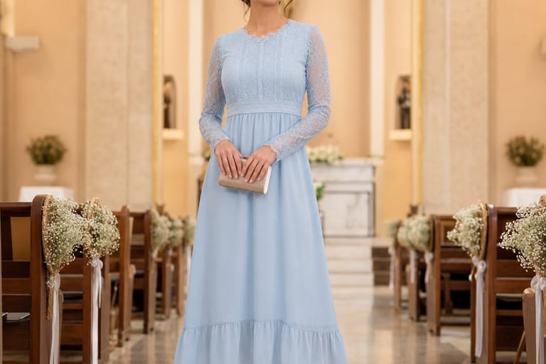 Vestido de chiffon azul claro com detalhes em renda, em ambiente de igreja com luz suave.