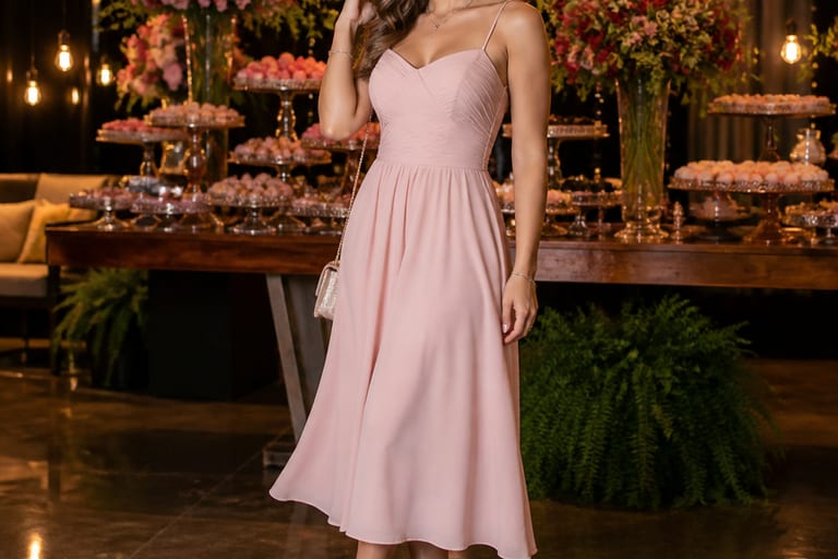 Mulher em vestido midi rosa claro, com acessórios delicados e sandálias de salto, em ambiente festivo.